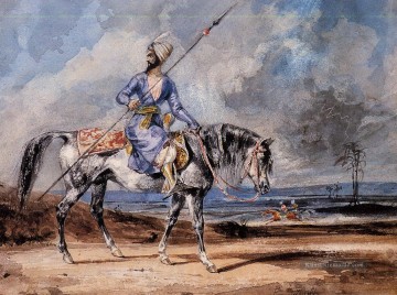  grau - ein türkischer Mann auf einem grauen Pferd Eugene Delacroix Araber